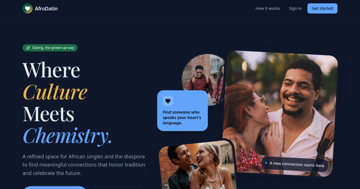 AfroDatin dating homepage with real couples and an invitation to find love