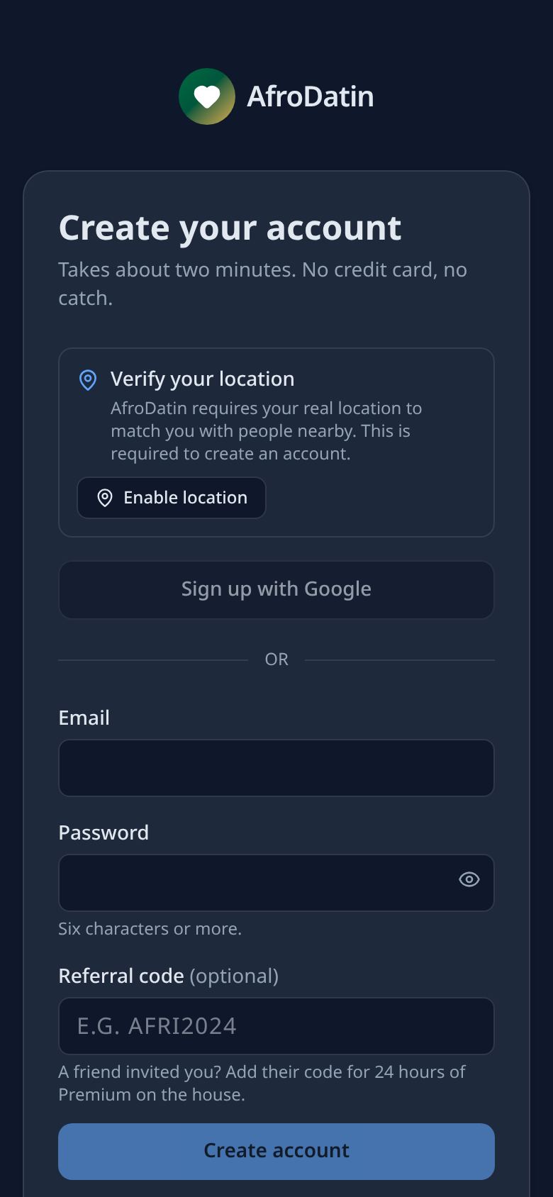 AfroDatin mobile registration screen for creating a dating account